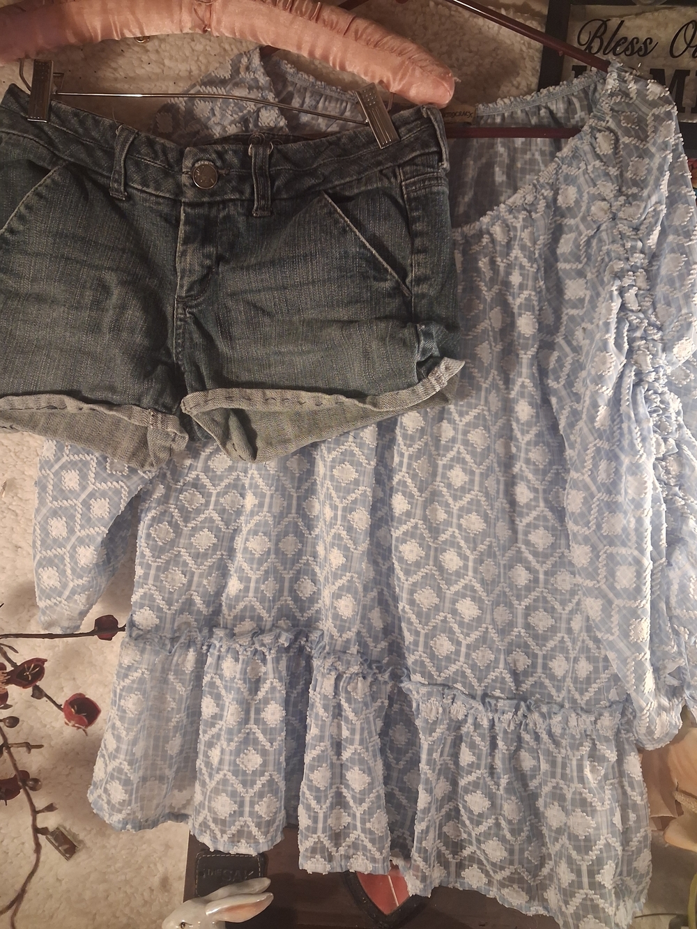 Democracy Light Blue Checked Boho Top with Lace Trim Amd Blue Jeans